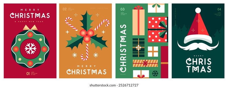 Set mit Glückwunschkarten, Covern oder Plakaten mit Feiertagsattributen. Weihnachtlicher Hintergrund. Flaches Design. Vektorgrafik