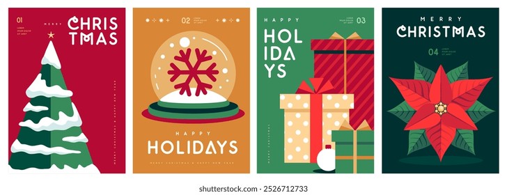 Conjunto de Navidades alegres y tarjetas de felicitación de feliz año Nuevo, cubiertas o carteles con atributos de vacaciones. Navidades de fondo. Diseño plano. Ilustración vectorial