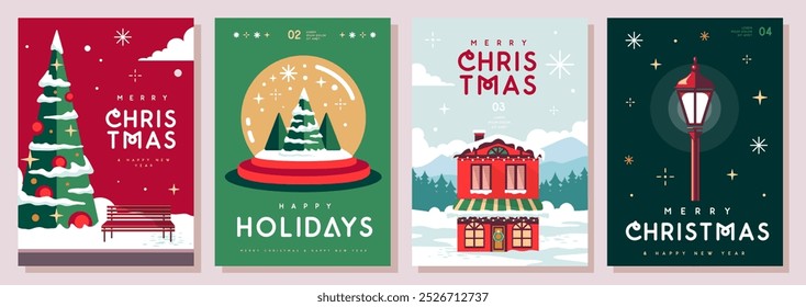 Set of Merry Christmas and Happy New Year greeting cards, covers or posters with holiday attributes. Christmas background. Flat design. Vector illustration