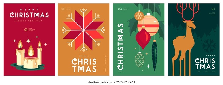 Conjunto de Navidades alegres y tarjetas de felicitación de feliz año Nuevo, cubiertas o carteles con atributos de vacaciones. Navidades de fondo. Diseño plano. Ilustración vectorial