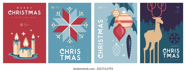 Conjunto de Navidades alegres y tarjetas de felicitación de feliz año Nuevo, cubiertas o carteles con atributos de vacaciones. Navidades de fondo. Diseño plano. Ilustración vectorial