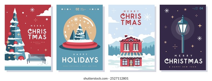 Set of Merry Christmas and Happy New Year greeting cards, covers or posters with holiday attributes. Christmas background. Flat design. Vector illustration