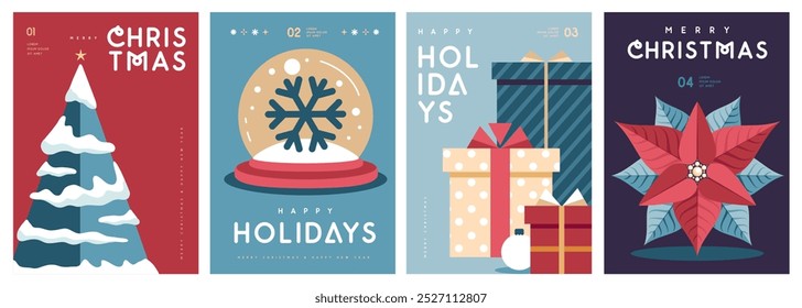 Set of Merry Christmas and Happy New Year greeting cards, covers or posters with holiday attributes. Christmas background. Flat design. Vector illustration