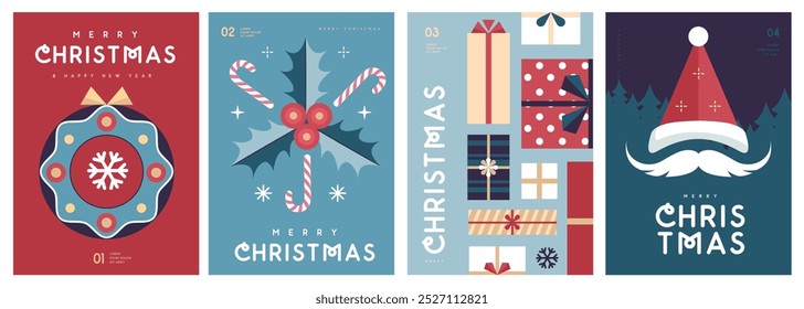 Conjunto de Navidades alegres y tarjetas de felicitación de feliz año Nuevo, cubiertas o carteles con atributos de vacaciones. Navidades de fondo. Diseño plano. Ilustración vectorial