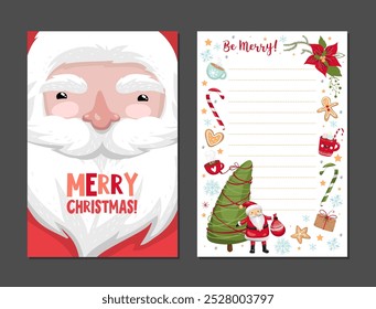 Set of Merry Christmas and happy New Year Wish list decorated templates. Hand drawn doodles notebook decorated holidays elements and Santa Claus face. Holidays to do, check list for gifts, wish, shopp