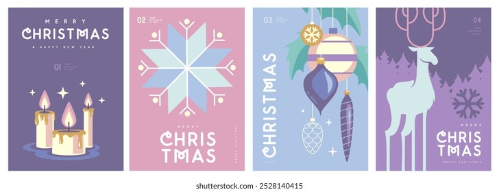 Set of Merry Christmas and Happy New Year greeting cards, covers or posters with holiday attributes. Christmas background. Flat design. Vector illustration