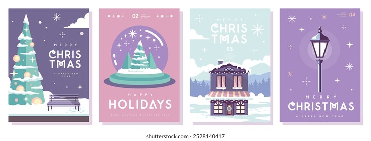 Set of Merry Christmas and Happy New Year greeting cards, covers or posters with holiday attributes. Christmas background. Flat design. Vector illustration