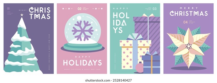 Set of Merry Christmas and Happy New Year greeting cards, covers or posters with holiday attributes. Christmas background. Flat design. Vector illustration