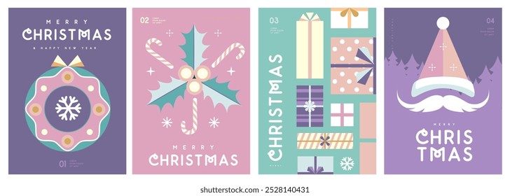 Set of Merry Christmas and Happy New Year greeting cards, covers or posters with holiday attributes. Christmas background. Flat design. Vector illustration