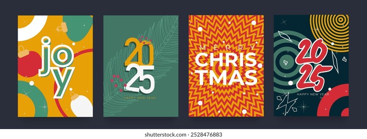 Set Merry Christmas and Happy New Year 2025. Abstract Design with Geometric Figures for Advertising, Web, Social Media, Banners, Covers. Vector Illustration.