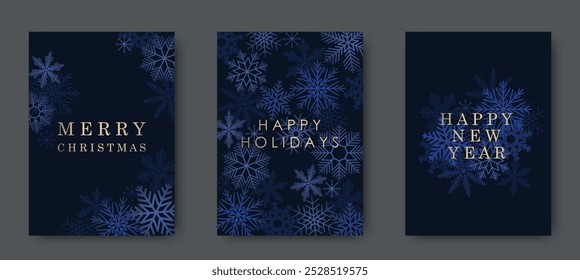 Set of Merry Christmas and Happy New Year greeting cards with snowflakes.