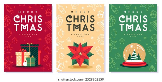 Set of Merry Christmas and Happy New Year greeting cards, covers or posters with holiday attributes. Christmas background. Flat design. Vector illustration