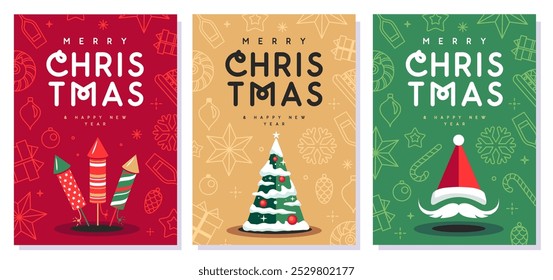 Conjunto de Navidades alegres y tarjetas de felicitación de feliz año Nuevo, cubiertas o carteles con atributos de vacaciones. Navidades de fondo. Diseño plano. Ilustración vectorial