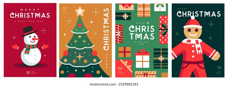 Set of Merry Christmas and Happy New Year greeting cards, covers or posters with holiday attributes. Christmas background. Flat design. Vector illustration