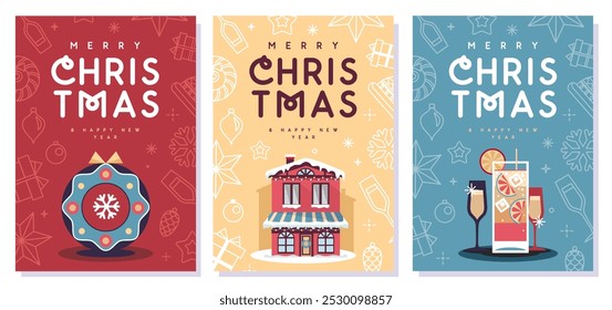 Set of Merry Christmas and Happy New Year greeting cards, covers or posters with holiday attributes. Christmas background. Flat design. Vector illustration