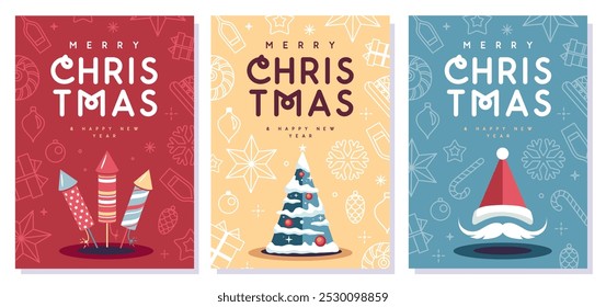 Conjunto de Navidades alegres y tarjetas de felicitación de feliz año Nuevo, cubiertas o carteles con atributos de vacaciones. Navidades de fondo. Diseño plano. Ilustración vectorial