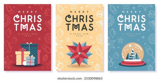 Set of Merry Christmas and Happy New Year greeting cards, covers or posters with holiday attributes. Christmas background. Flat design. Vector illustration