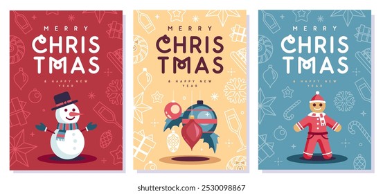 Set of Merry Christmas and Happy New Year greeting cards, covers or posters with holiday attributes. Christmas background. Flat design. Vector illustration