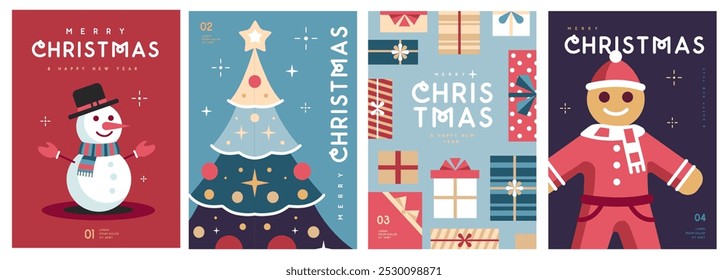 Set of Merry Christmas and Happy New Year greeting cards, covers or posters with holiday attributes. Christmas background. Flat design. Vector illustration