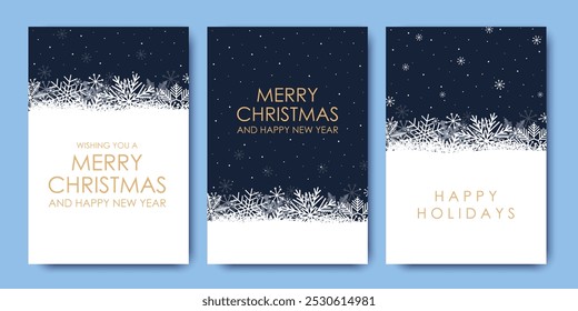 Set of Merry Christmas and Happy New Year cards with snowflakes, cards and invitations to corporate events. Snowflakes on a blue background. Winter vector illustration