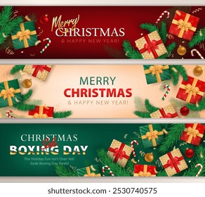 Set of Merry Christmas and Happy New Year panoramic greeting cards or headers with 3d gift boxes, candy canes, golden confetti, baubles and evergreen branches (Xmas tree) as a frame with text