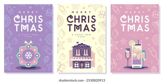 Set of Merry Christmas and Happy New Year greeting cards, covers or posters with holiday attributes. Christmas background. Flat design. Vector illustration