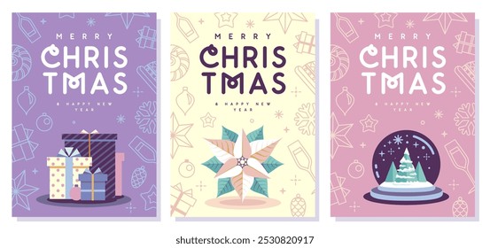 Set of Merry Christmas and Happy New Year greeting cards, covers or posters with holiday attributes. Christmas background. Flat design. Vector illustration