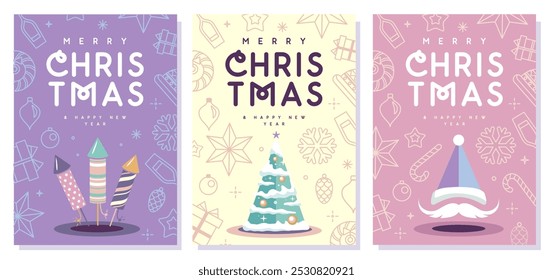 Set of Merry Christmas and Happy New Year greeting cards, covers or posters with holiday attributes. Christmas background. Flat design. Vector illustration