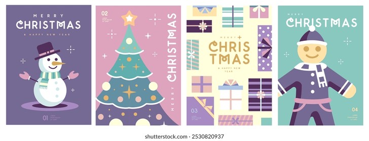 Set of Merry Christmas and Happy New Year greeting cards, covers or posters with holiday attributes. Christmas background. Flat design. Vector illustration