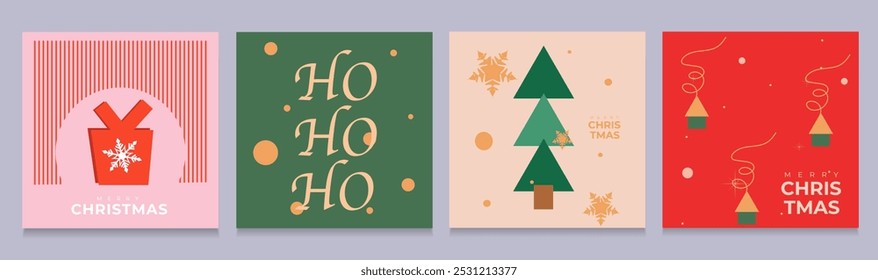 Set Merry Christmas and Happy New Year in Red, Gold, Green, Pink Colors: 3D Modern 2025 Design for Advertising, Web, Social Media, Posters, Banners, Covers. Pattern Vector Illustration.