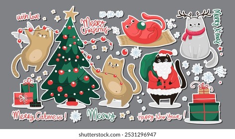 Set of Merry Christmas and happy new year kawaii cats. Collection drawing of cute cats with Christmas elements. Design for banner, invitation, card, greeting, banner, cover, scrapbooking. 