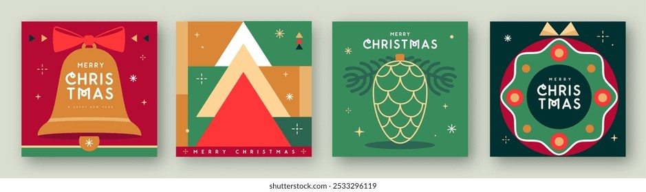 Conjunto de cartões de cumprimentos Feliz Natal e Feliz Ano Novo, capas ou cartazes com atributos de férias. Fundo de Natal. Design plano. Ilustração vetorial