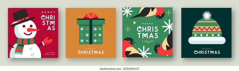 Set of Merry Christmas and Happy New Year greeting cards, covers or posters with holiday attributes. Christmas background. Flat design. Vector illustration