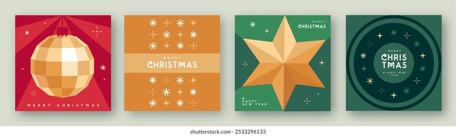 Set of Merry Christmas and Happy New Year greeting cards, covers or posters with holiday attributes. Christmas background. Flat design. Vector illustration