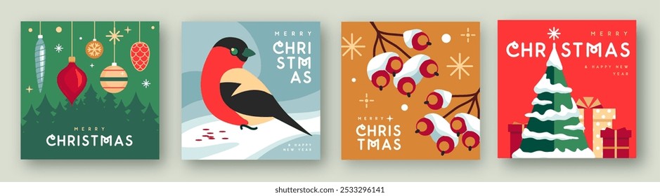 Set of Merry Christmas and Happy New Year greeting cards, covers or posters with holiday attributes. Christmas background. Flat design. Vector illustration