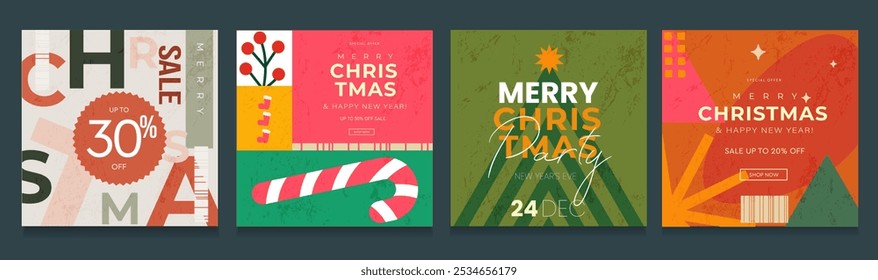 Set Merry Christmas and Happy New Year 2025. Sale Offers of 20%, 30%, 50%. Holiday Abstract Design for Advertising, Web, Social Media, Banners, and Covers. 3D Christmas Party in Vector Illustration.