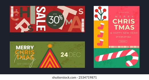 Set Feliz Natal e Feliz Ano Novo 2025. Ofertas de venda de 20%, 30%, 50%. Design abstrato de feriado para propaganda, Web, mídia social, banners e capas. Festa de Natal 3D em ilustração vetorial.