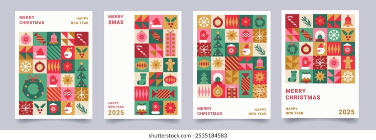 Set of Merry Christmas and Happy New Year geometric minimalist card. Xmas backgrounds. Modern pattern with Christmas flat icons. Trendy design for holiday invitation, poster, cover, template.