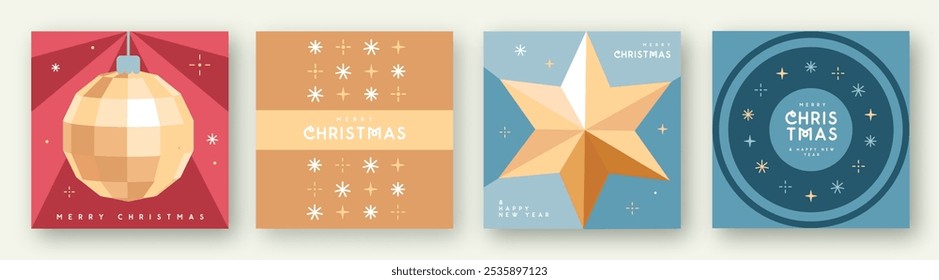 Set of Merry Christmas and Happy New Year greeting cards, covers or posters with holiday attributes. Christmas background. Flat design. Vector illustration