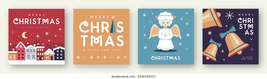 Set of Merry Christmas and Happy New Year greeting cards, covers or posters with holiday attributes. Christmas background. Flat design. Vector illustration