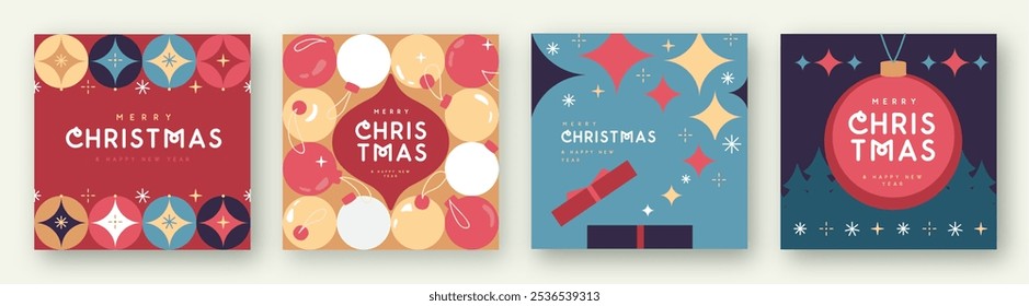 Conjunto de Navidades alegres y tarjetas de felicitación de feliz año Nuevo, cubiertas o carteles con atributos de vacaciones. Navidades de fondo. Diseño plano. Ilustración vectorial