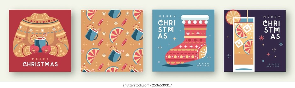 Set of Merry Christmas and Happy New Year greeting cards, covers or posters with holiday attributes. Christmas background. Flat design. Vector illustration