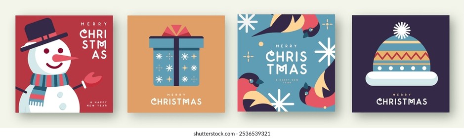 Conjunto de cartões de cumprimentos Feliz Natal e Feliz Ano Novo, capas ou cartazes com atributos de férias. Fundo de Natal. Design plano. Ilustração vetorial