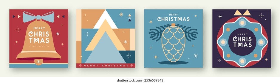 Set of Merry Christmas and Happy New Year greeting cards, covers or posters with holiday attributes. Christmas background. Flat design. Vector illustration