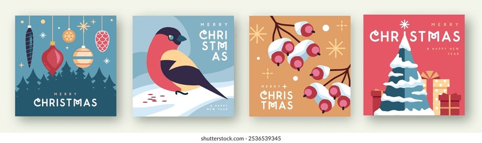 Conjunto de cartões de cumprimentos Feliz Natal e Feliz Ano Novo, capas ou cartazes com atributos de férias. Fundo de Natal. Design plano. Ilustração vetorial