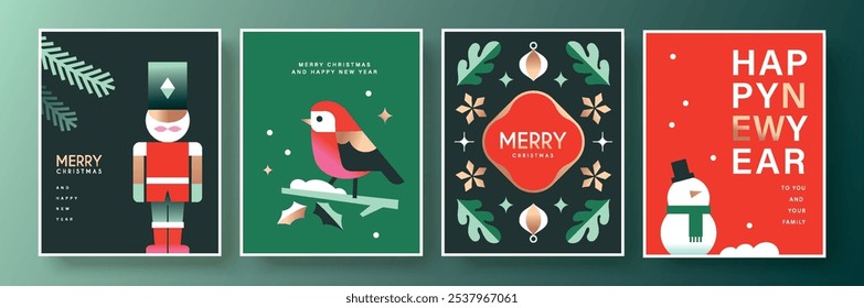 Conjunto de Feliz Natal e Feliz Ano Novo fundo, banner, capa, design de cartaz com ilustração estilo liso na moda.