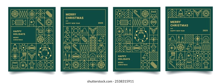 Set of Merry Christmas and Happy New Year geometric minimalist card in line style. Luxury Xmas backgrounds. Modern Christmas pattern with gold line icons. Perfect for invitation, poster, cover.