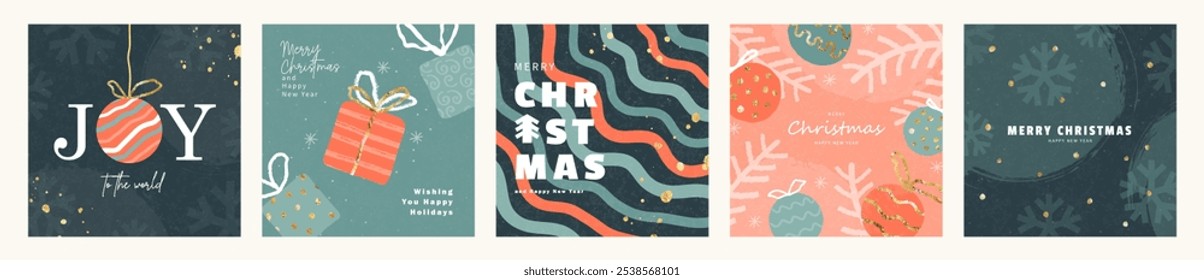 Set of Merry Christmas and Happy New Year greeting cards. Modern trendy design with various elements of Christmas design. Xmas template of poster, cover, flyer. Simple flat style.