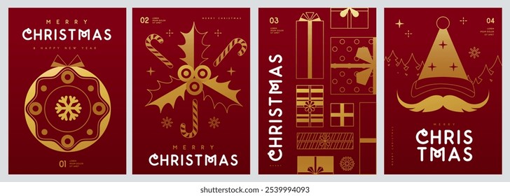 Set of Merry Christmas and Happy New Year line art greeting cards, covers or posters with holiday attributes. Christmas background. Vector illustration