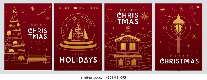 Set of Merry Christmas and Happy New Year line art greeting cards, covers or posters with holiday attributes. Christmas background. Vector illustration